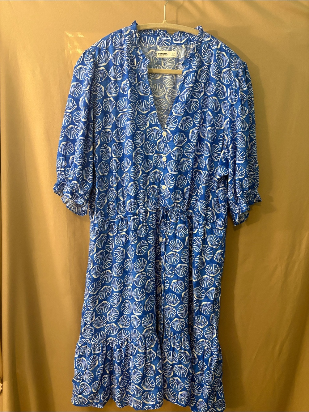 Blue Shell-Print Midi Dress with Button Front and Elastic Waist